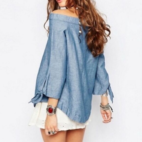Free People Chambrey Linen Blend Off Shoulder Tunic Top - Picture 1 of 9